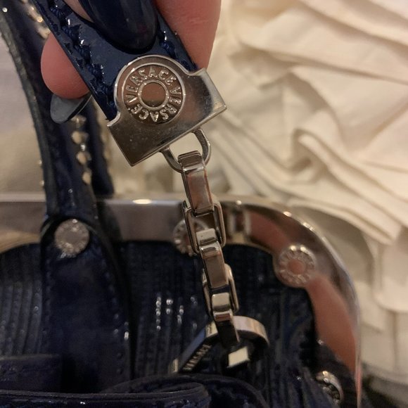 Versace Blue Striped Patent Leather Studded Frame Satchel (Rare) - Picture 6 of 7